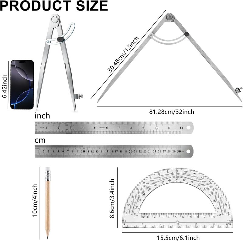 MVPower Compass Geometry Tool, Drawing Compass, Professional 12 Inch Large Compass with Wing for Woodworking, 6 Inch Protractor, 12 Inch Ruler, 2 Pencil for Carpenter, Drafting - Image 2